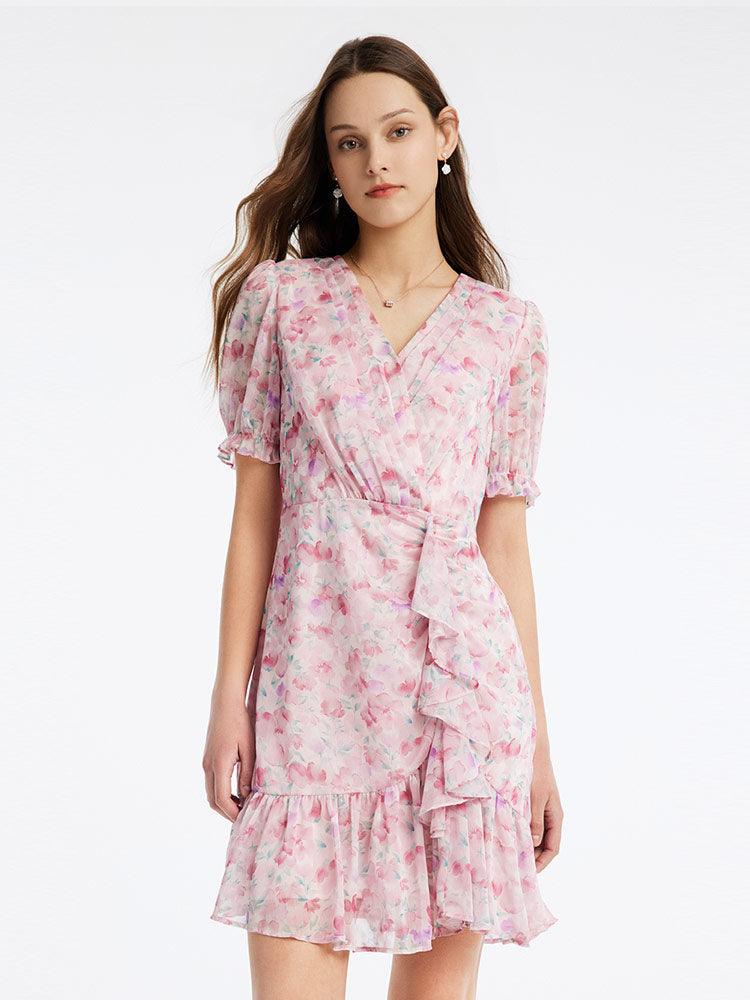 Pink Floral Short Sleeve Dress GOELIA