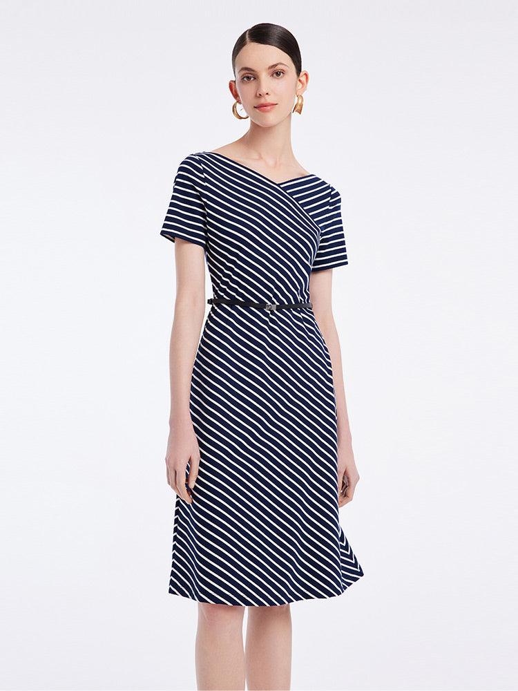 Knitted Stripe Dress With Leather Belt GOELIA