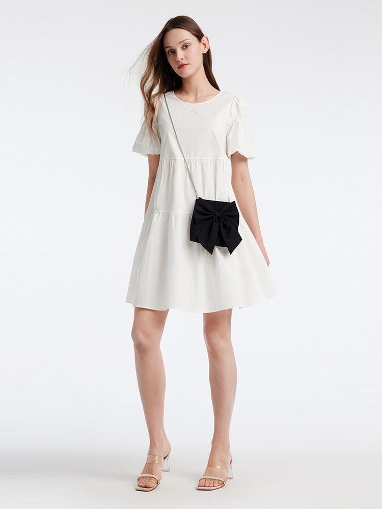 Bow Wrapped Lotus Sleeve Small White Dress GOELIA