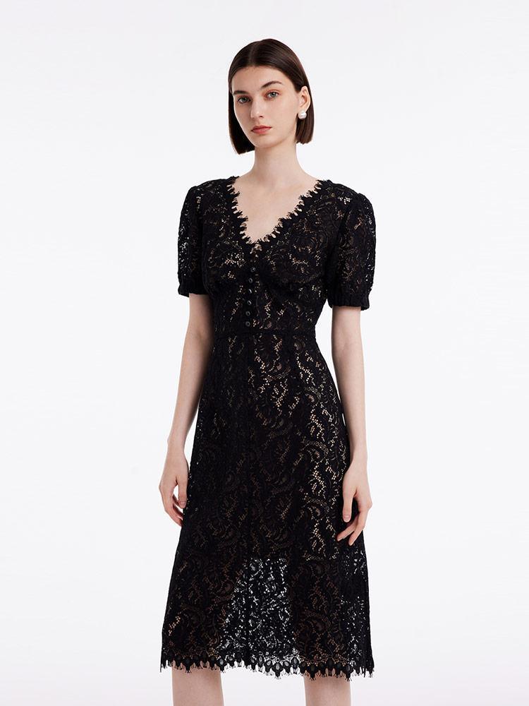 Lace V-Neck Mid Sleeve Dress GOELIA