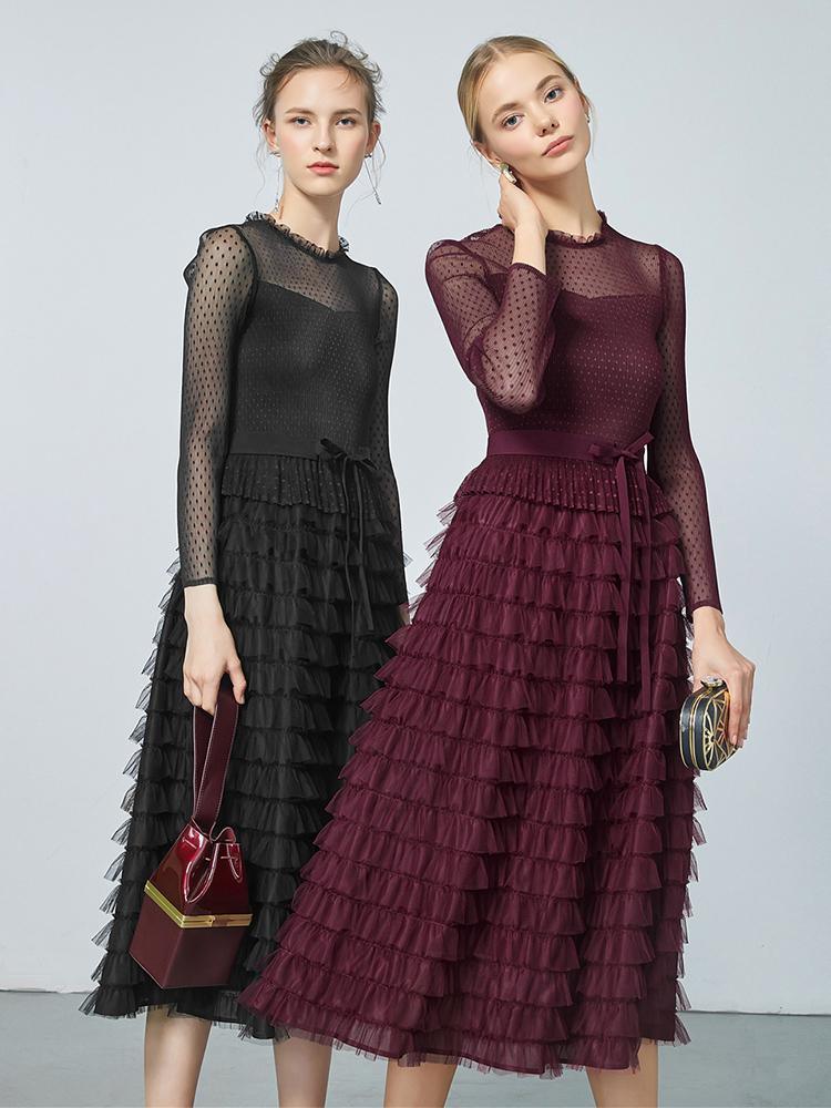 Pleated Tiered Sheer Sleeve Cake Midi Dress GOELIA