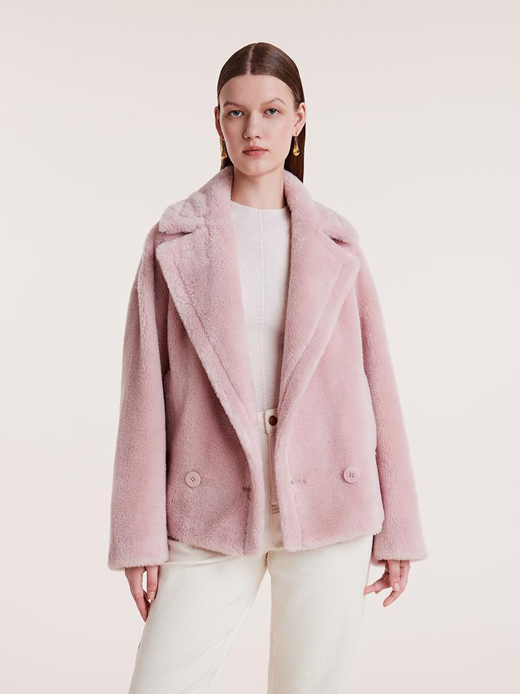 Lapel Double-Breasted Teddy Lamb Wool Short Coat GOELIA