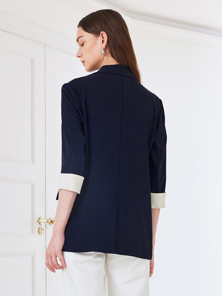 Navy Blue Color Block Blazer GOELIA