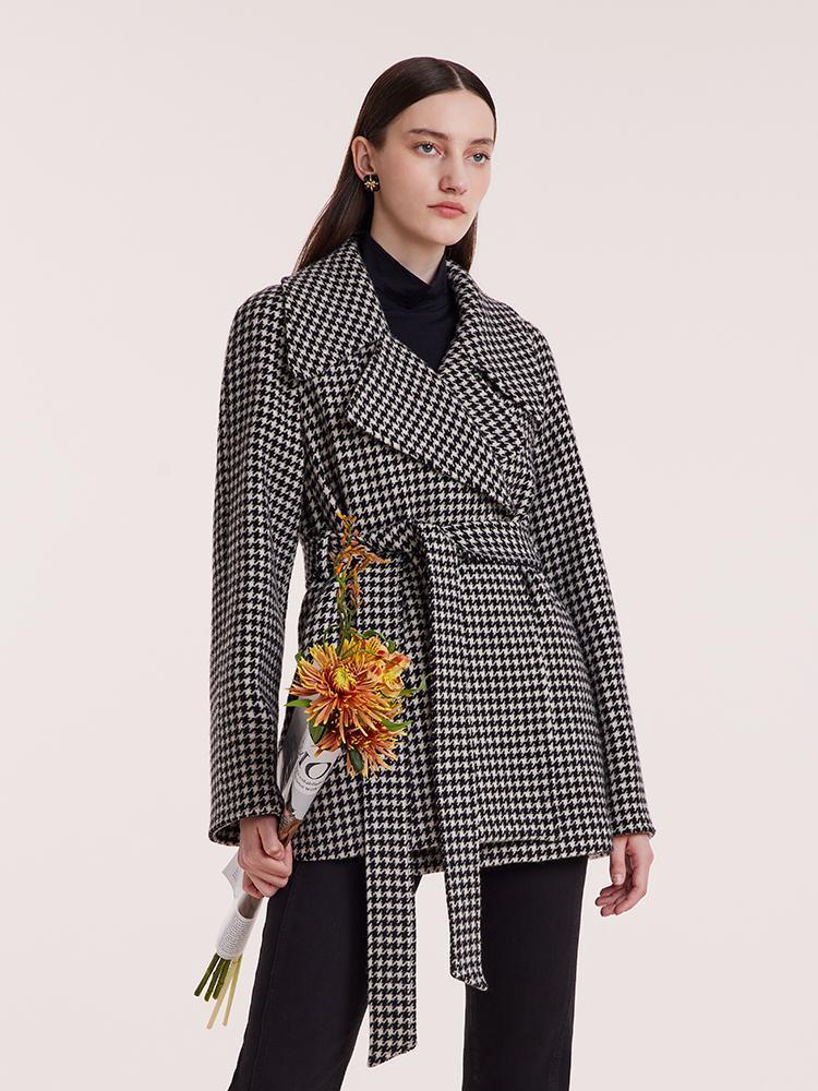 Washable Wool Houndstooth Coat With Belt GOELIA