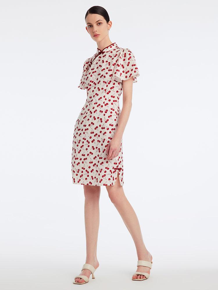 Mandarin Collar Cherry Print Cheongsam Midi Dress GOELIA