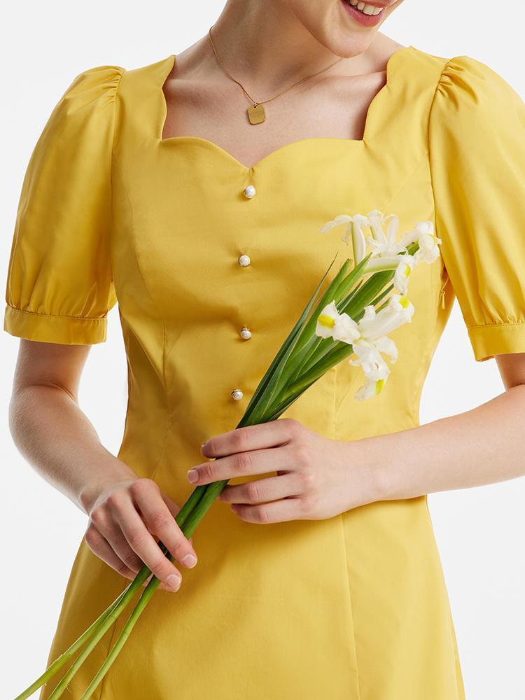 Yellow Square-Neck Cotton Dress GOELIA