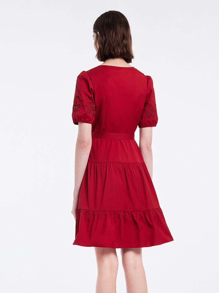 Chili Red Embroidered V-Neck Waist-Skimming Dress GOELIA