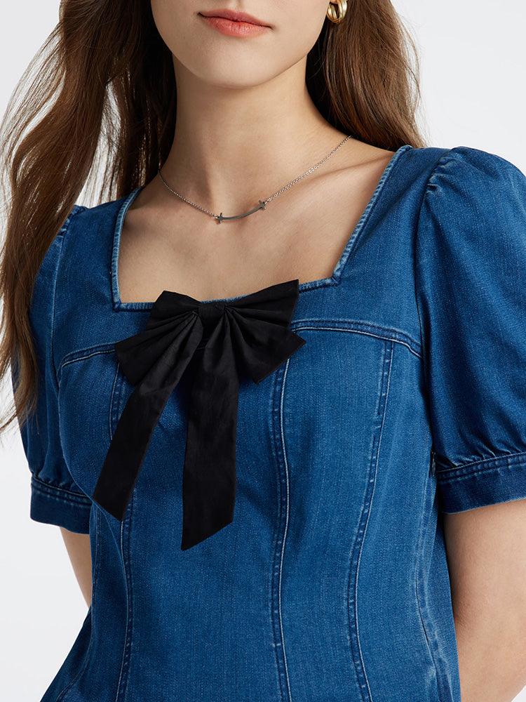 Denim Dress With Removable Bowknot GOELIA