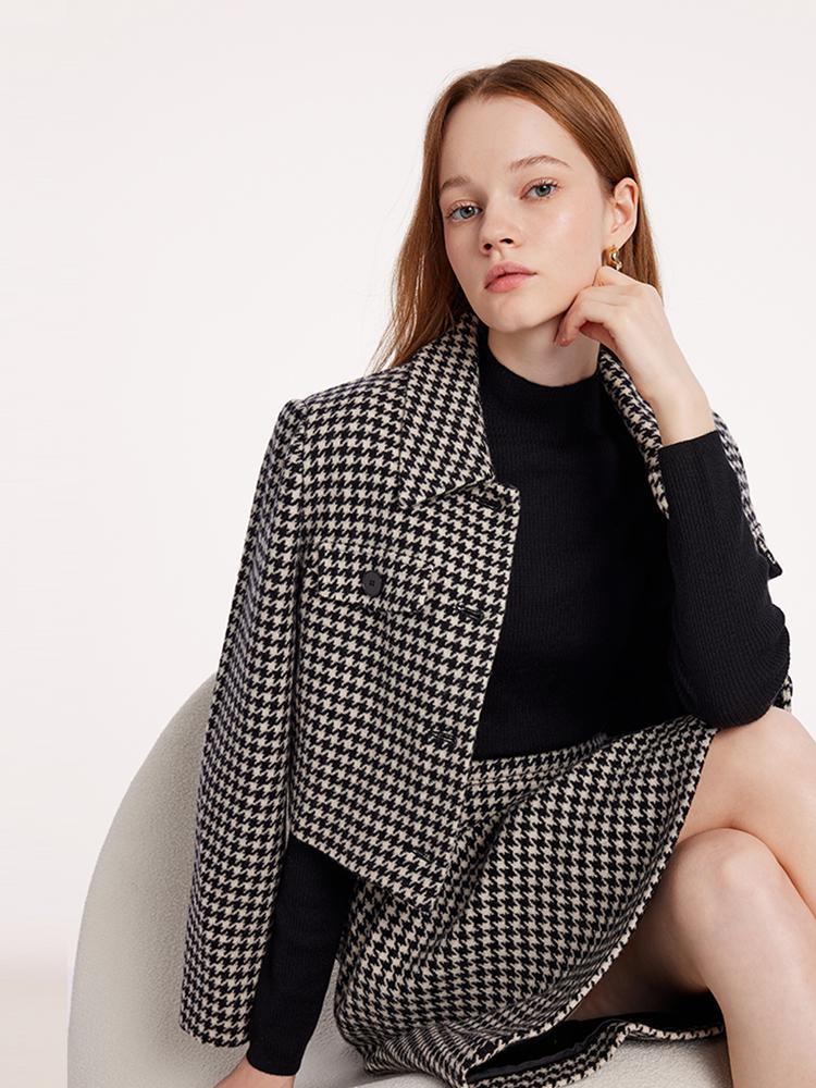 Washable Wool Houndstooth Jacket And Sweater And Skirt Suit GOELIA