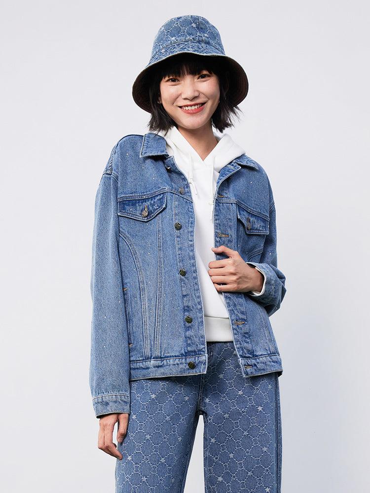 Blue Diamond Embroidered Cartoon Jeans Jacket GOELIA