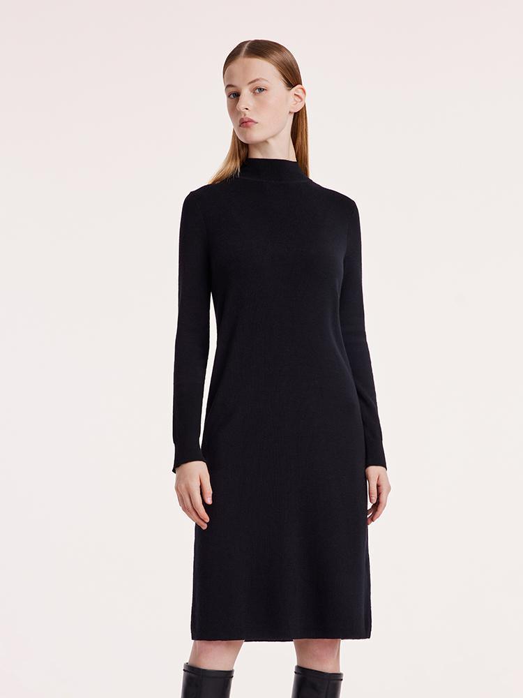 Black Pure Wool Mock Neck Knit Dress GOELIA