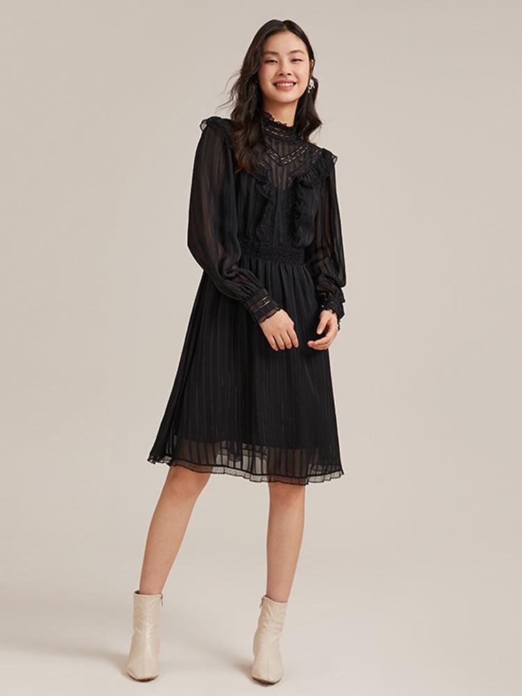 Black Hollow Long-Sleeve Flowy Dress GOELIA