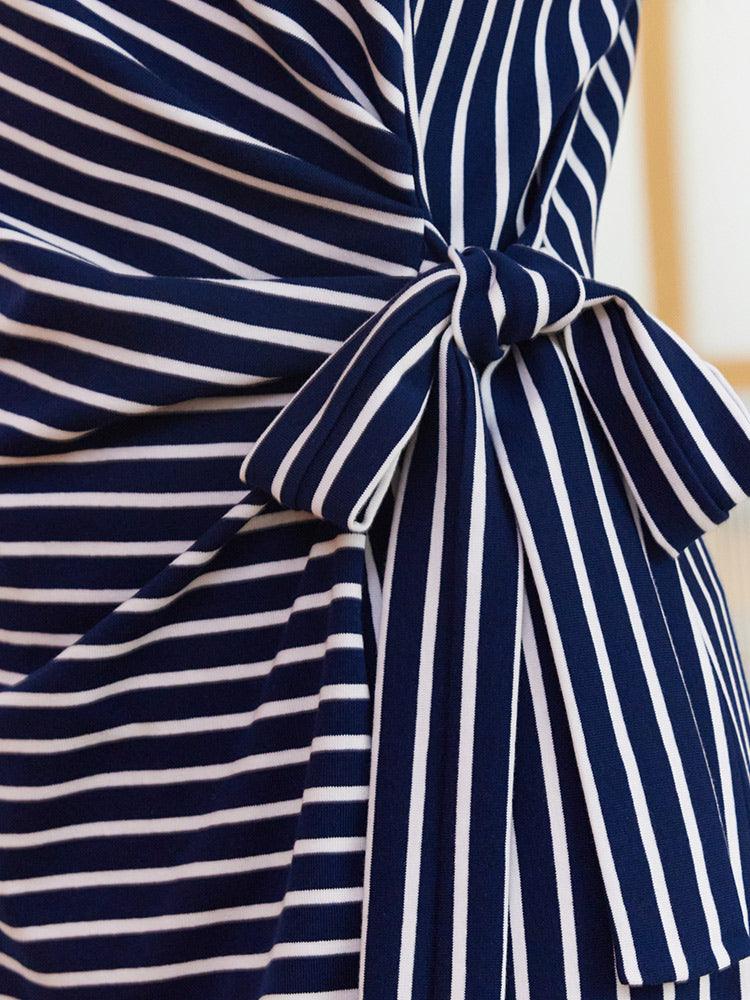 Navy Blue Stripe Wrap Dress GOELIA