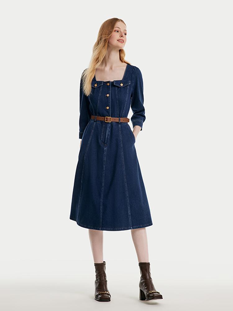 Square-neck Knit Denim Dress With Belt GOELIA