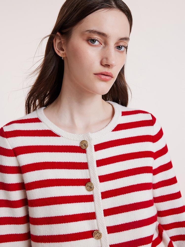 Button Up Woolen Striped Cardigan GOELIA