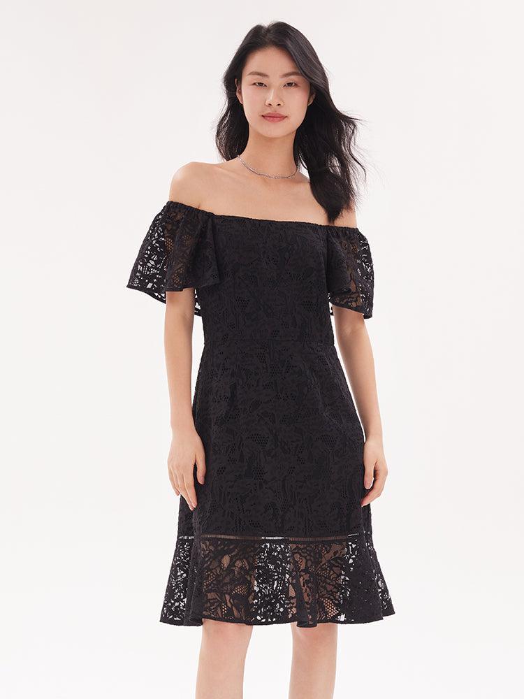 Black Square Neck Lace Slim Dress GOELIA