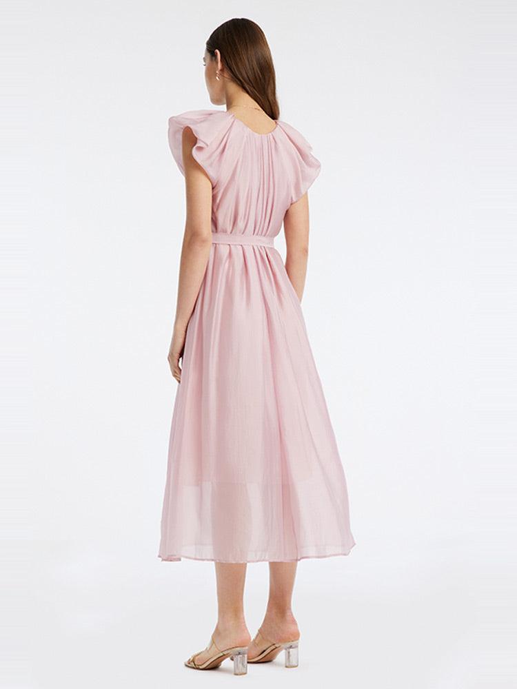 Pink V-Neck Ruffle Sleeve Mid-Calf Dress GOELIA