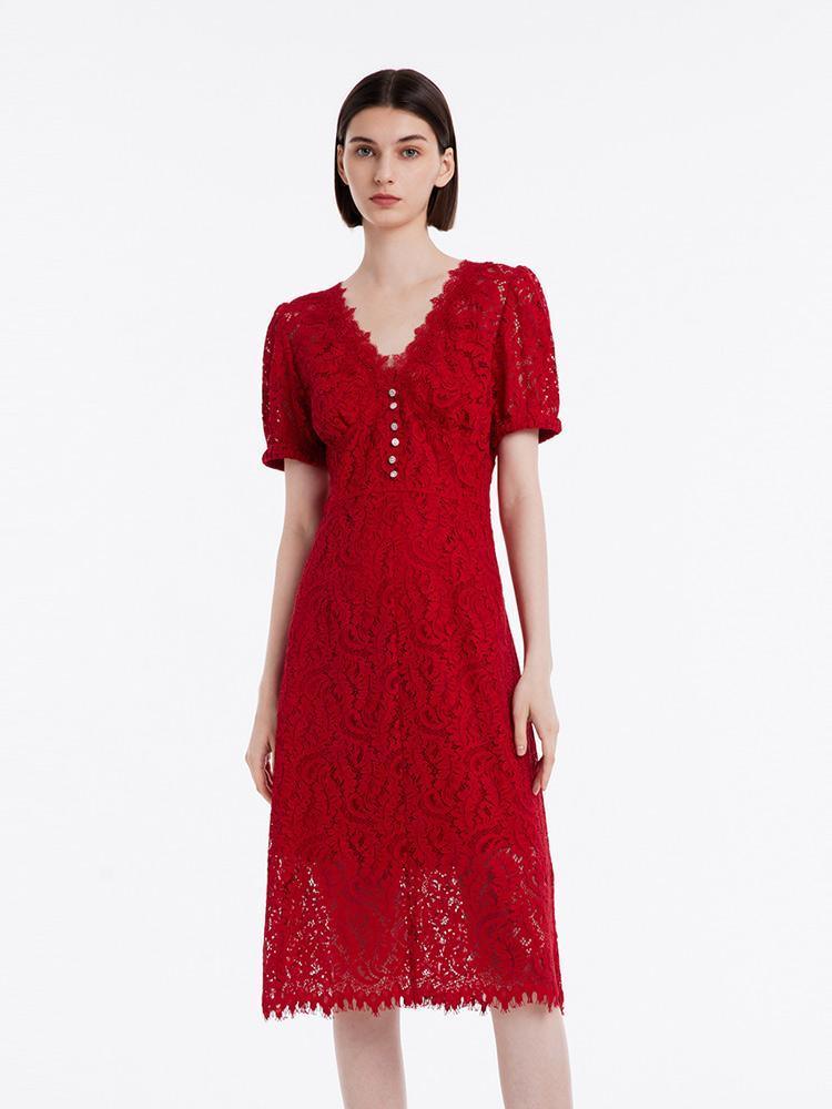 Lace V-Neck Mid Sleeve Dress GOELIA