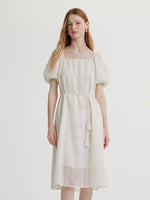 Square Neck Embroidered Dress With Belt GOELIA