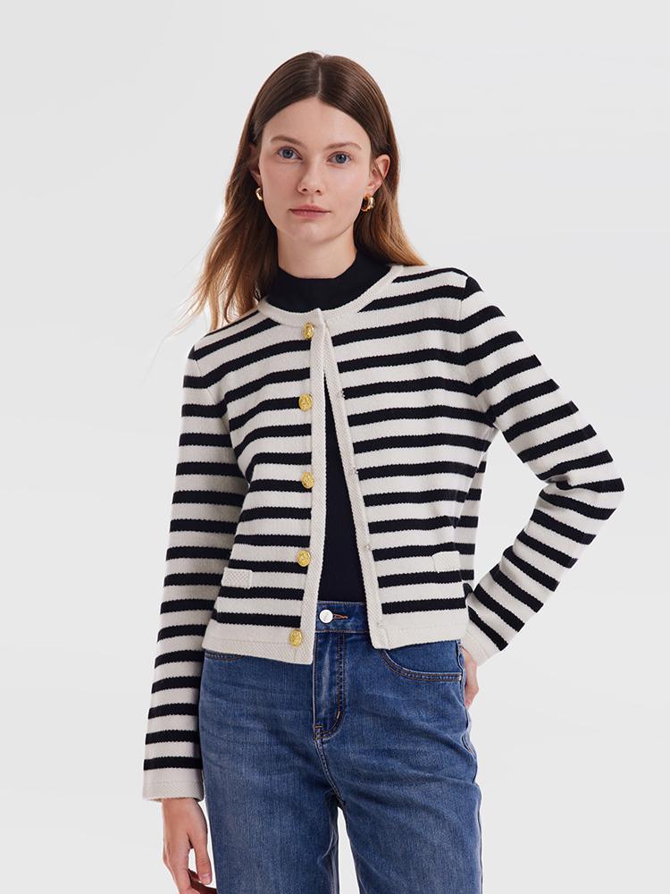 Button Up Woolen Striped Cardigan GOELIA