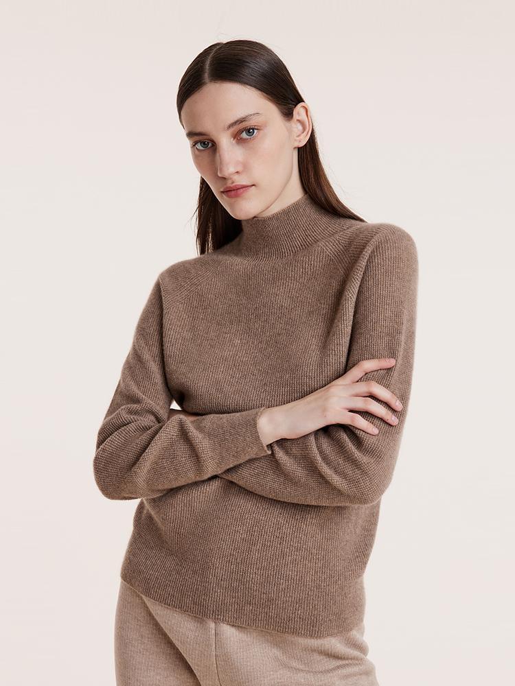 Coffee Seamless Mock Neck Cashmere Sweater GOELIA