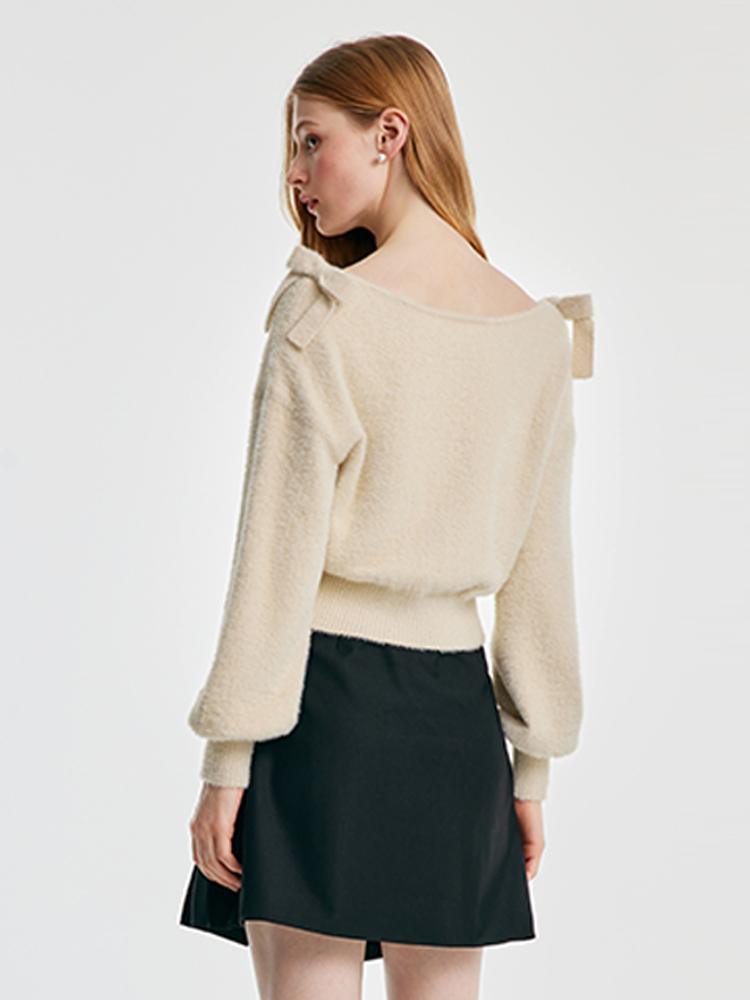 V-neck Tencel And Woolen Sweater With Bows GOELIA