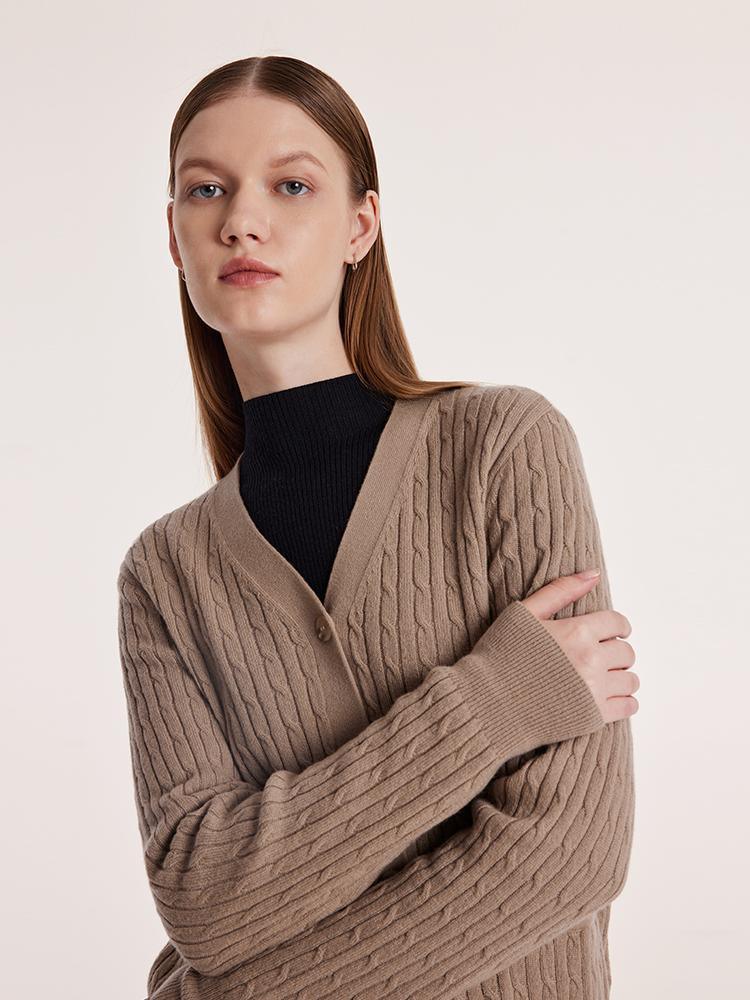 Camel Pure Cashmere V-Neck Cable Knit Cardigan GOELIA