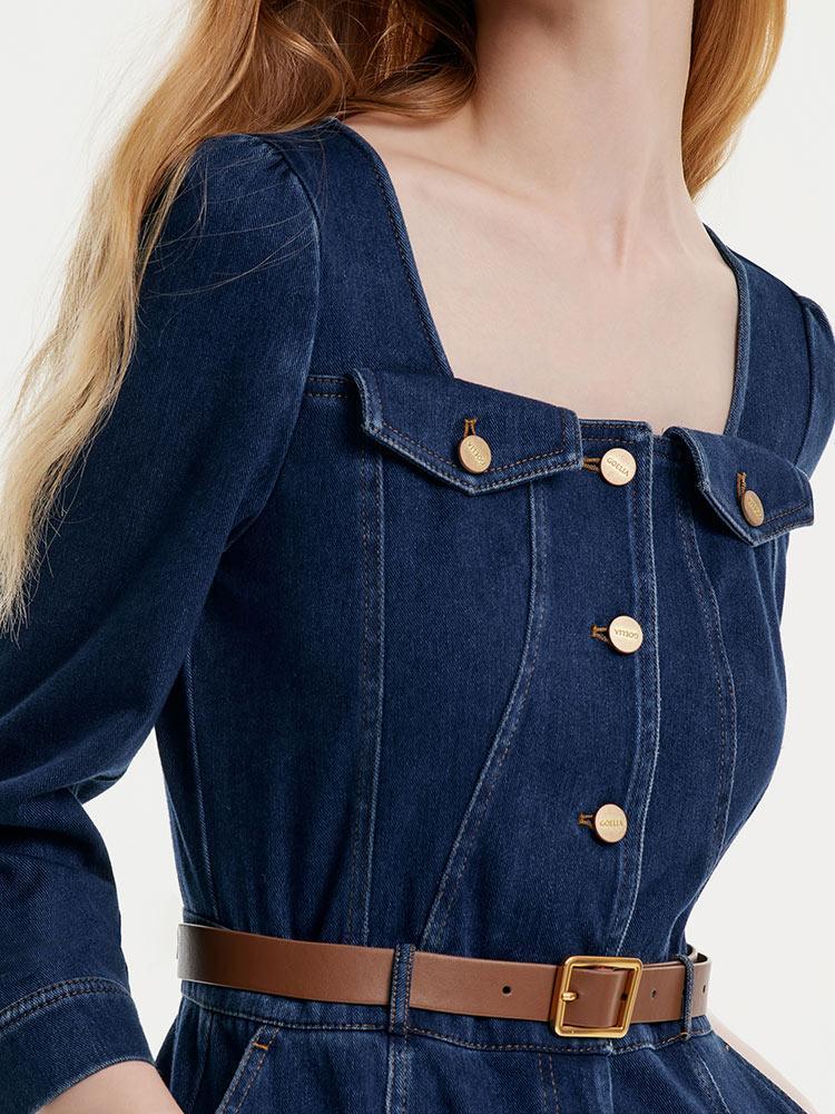 Square-neck Knit Denim Dress With Belt GOELIA