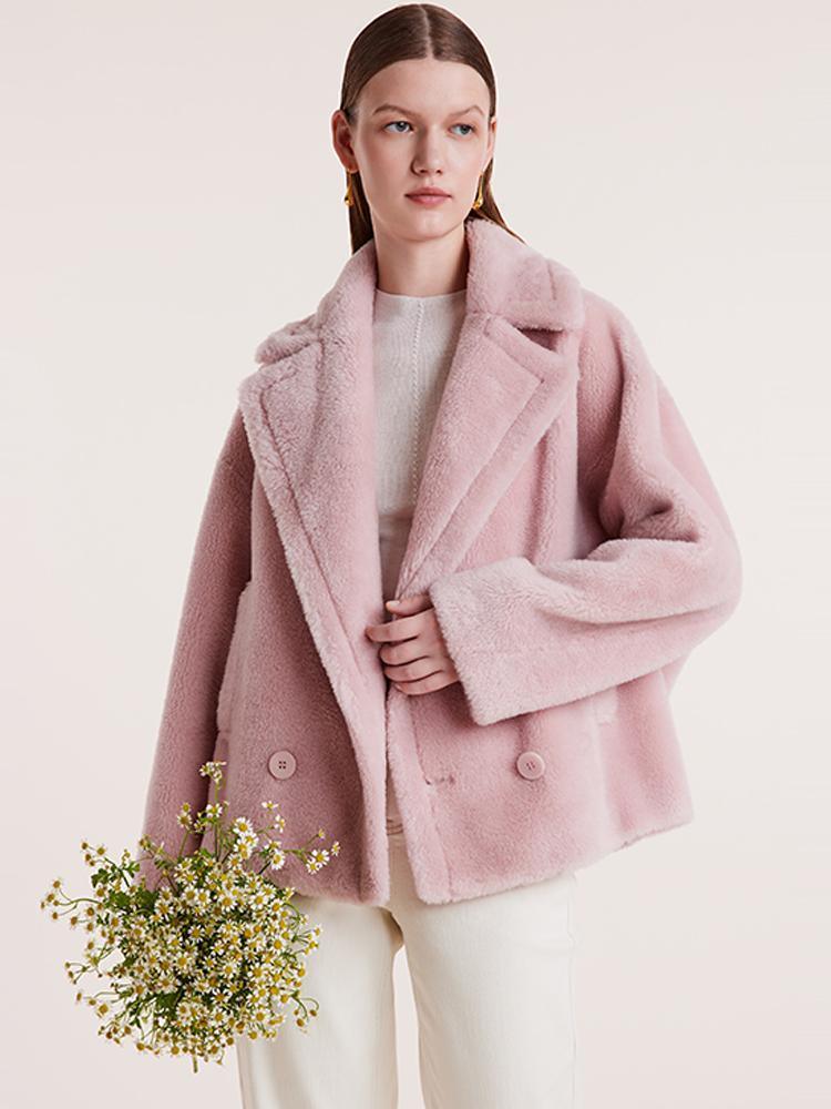 Lapel Double-Breasted Teddy Lamb Wool Short Coat GOELIA