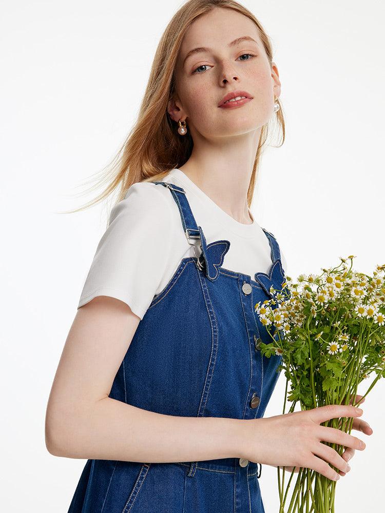 Denim Pinafore Dress With Bow Tie GOELIA