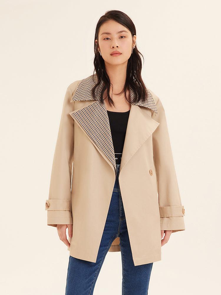 Beige Removable Double Plaid Collar Tench Coat GOELIA