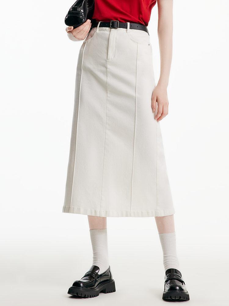 Split White Denim Long Skirt With Belt GOELIA