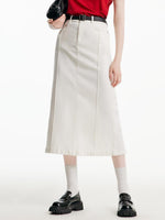 Split White Denim Long Skirt With Belt GOELIA