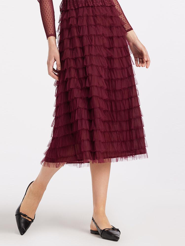 Pleated Tiered Sheer Sleeve Cake Midi Dress GOELIA