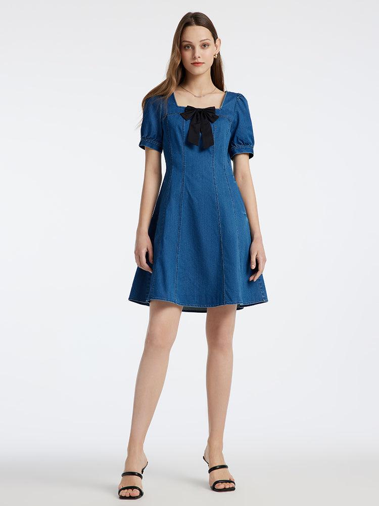 Denim Dress With Removable Bowknot GOELIA