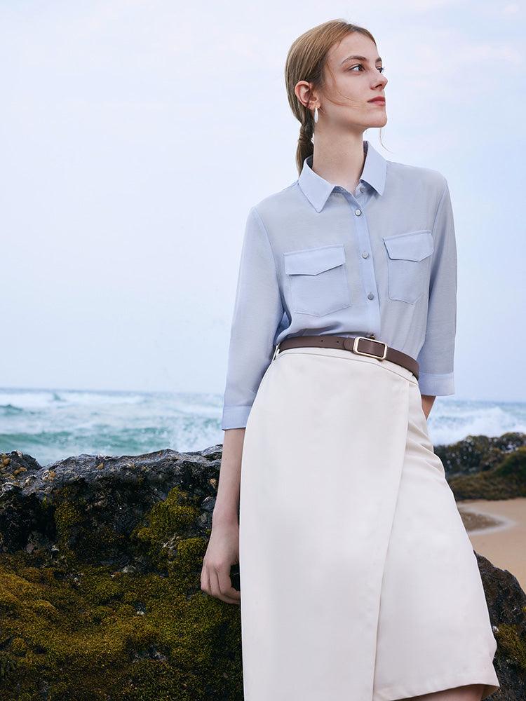 Acetate Shirt And Half Skirt Two-Piece Set With Leather Belt