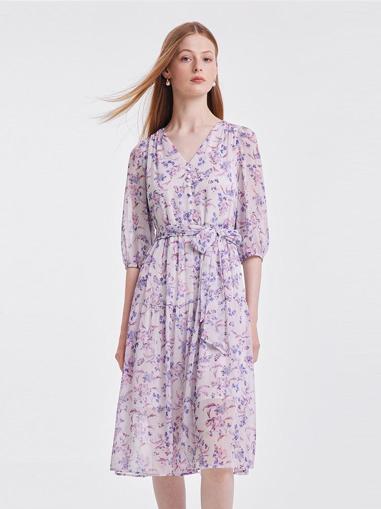 Purple Floral Belted Midi Dress GOELIA