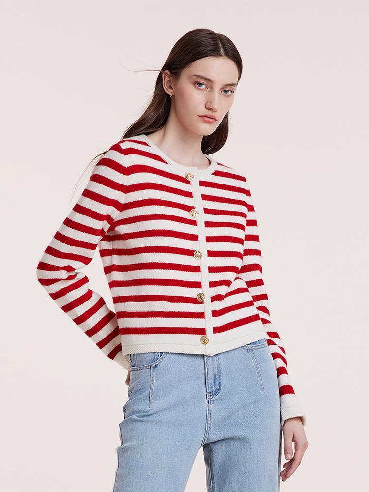 Button Up Woolen Striped Cardigan GOELIA