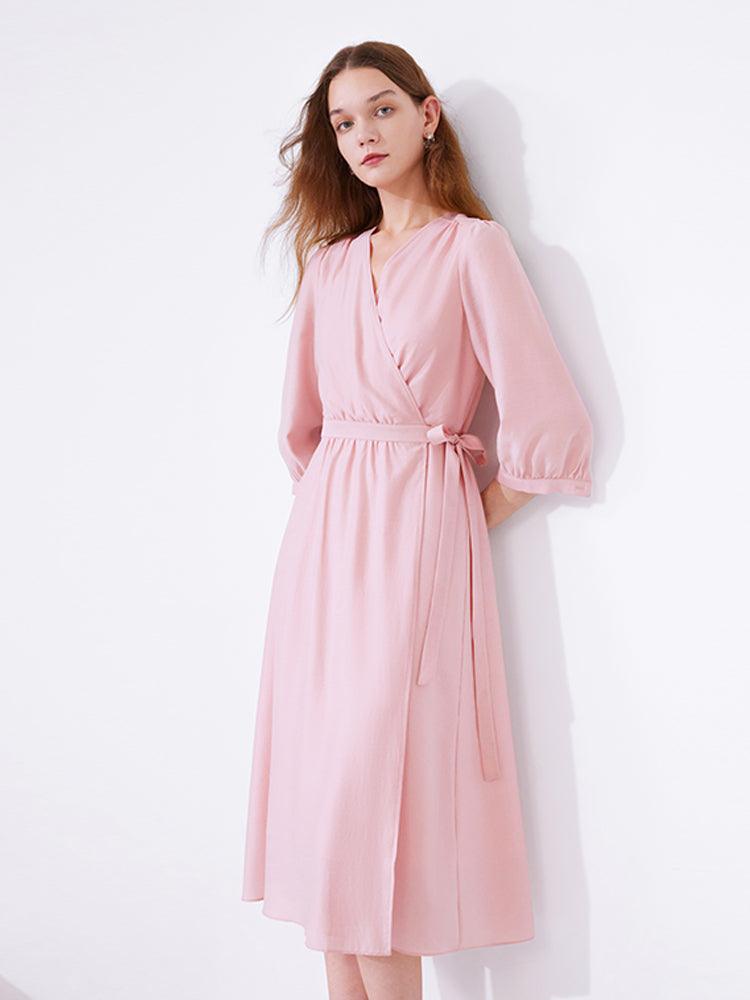 Pink V-neck Flowy Wrap Dress GOELIA