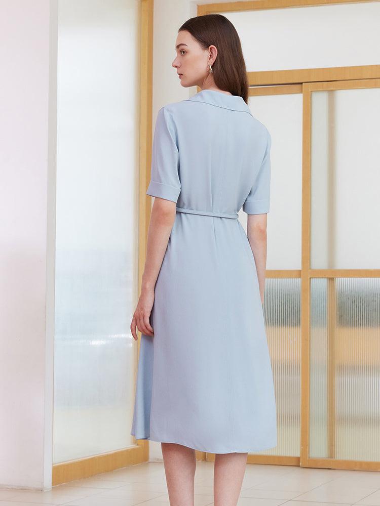 Blue V-neck Lapel Dress With Belt GOELIA