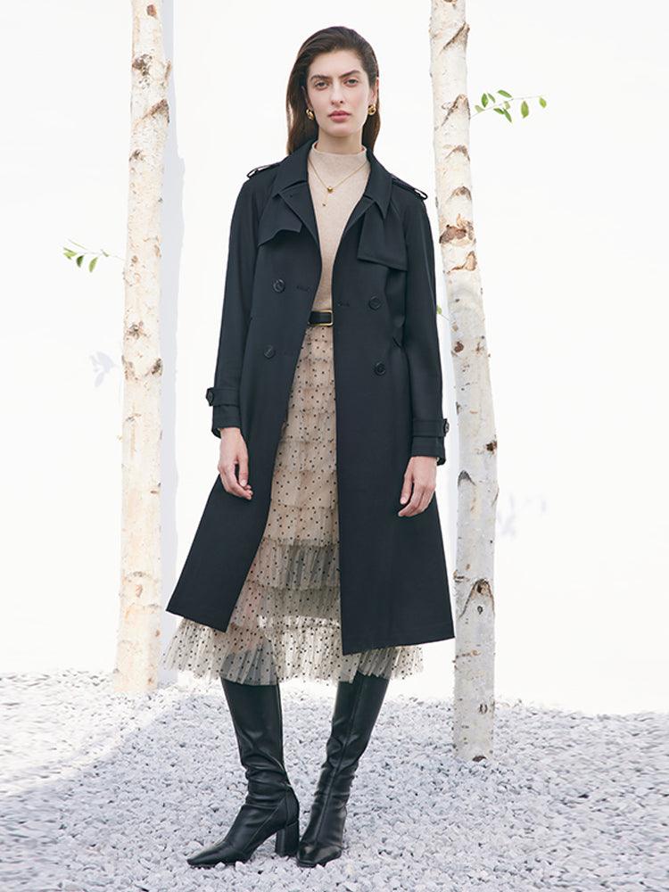 Black Worsted Wool Adjusted Slim Trench Coat GOELIA