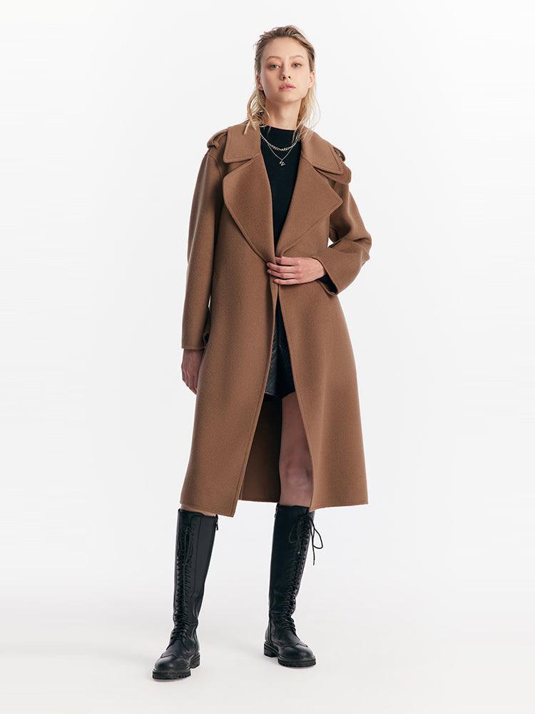 Coffee Brown Wrapped Woolen Coat GOELIA