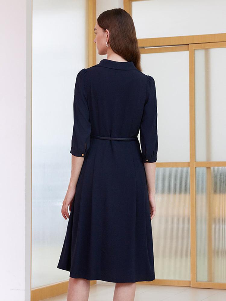 Dark Blue Flowy V-neck Dress With Belt GOELIA