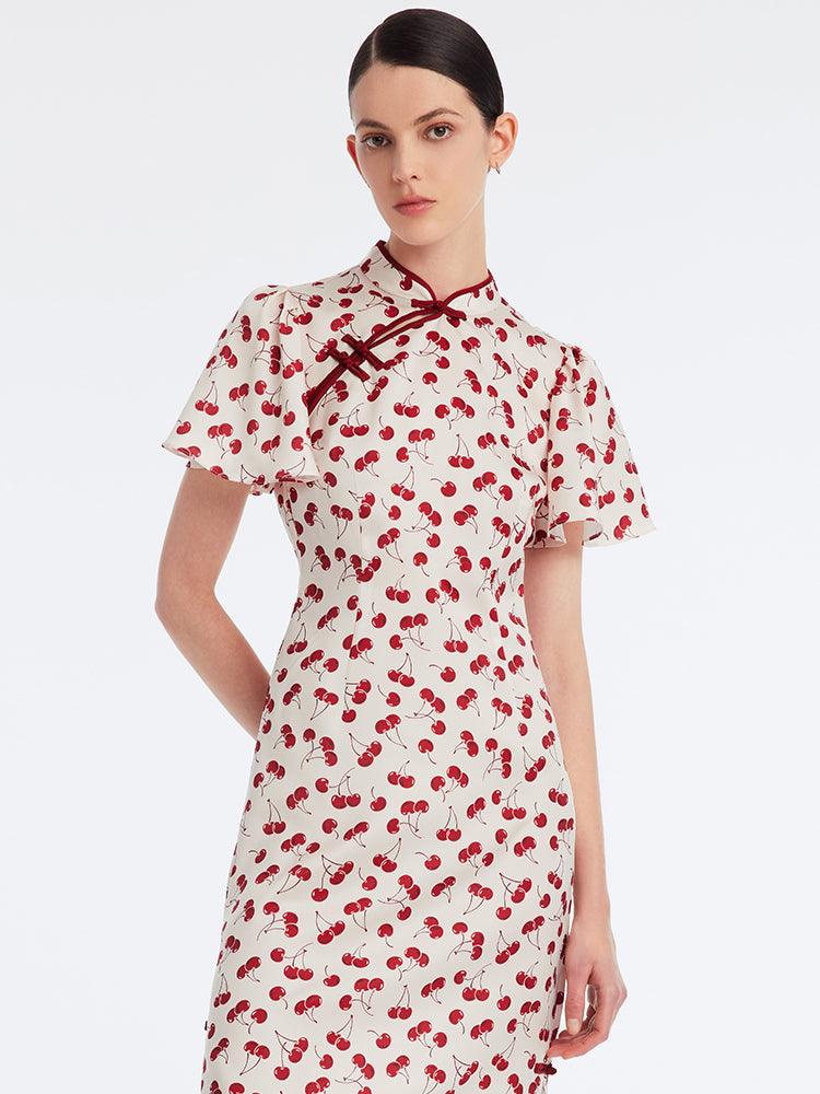 Mandarin Collar Cherry Print Cheongsam Midi Dress GOELIA