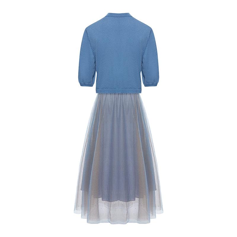 Two-Piece Set Blue Cardigan And Mesh Skirt GOELIA