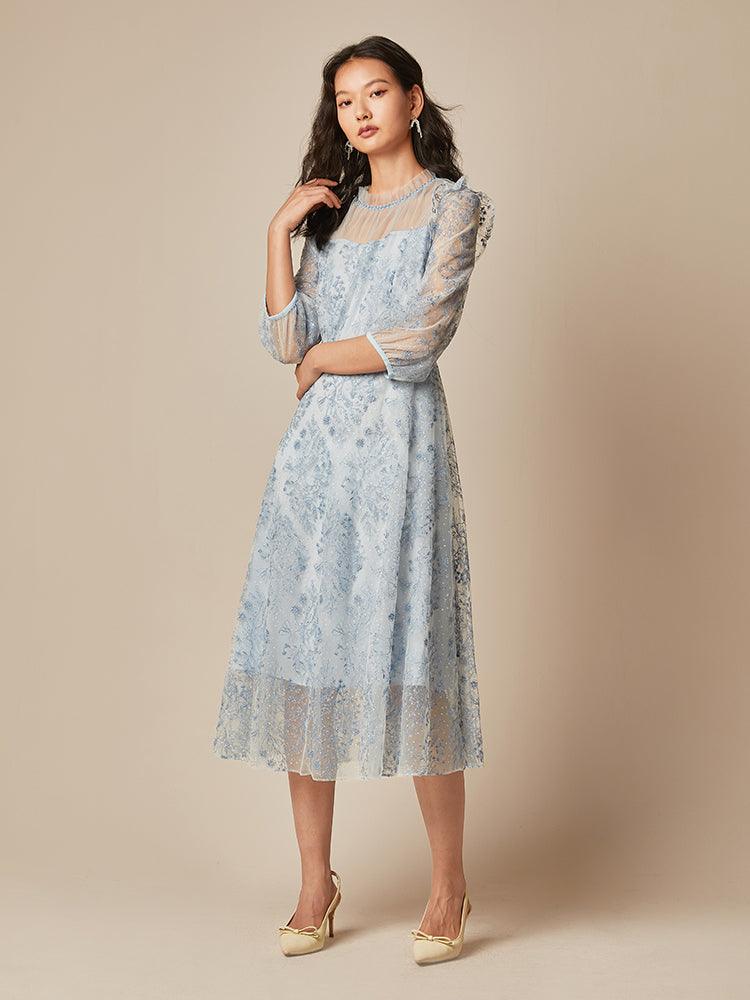 Blue See-Through Mesh Embroidered Dress GOELIA