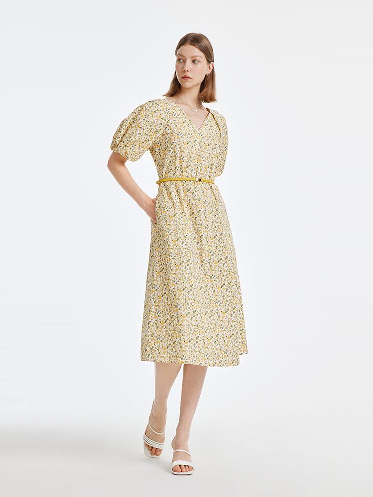 Yellow Floral Puff Sleeve Dress GOELIA