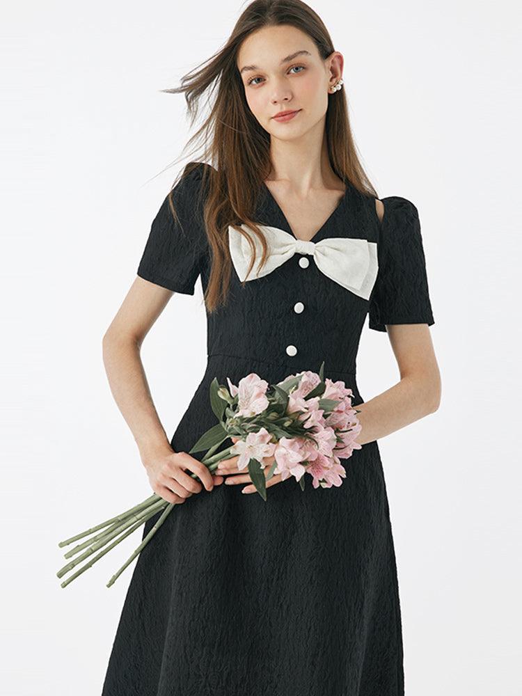 Black Detachable Bowknot Jacquard High Waist Dress GOELIA