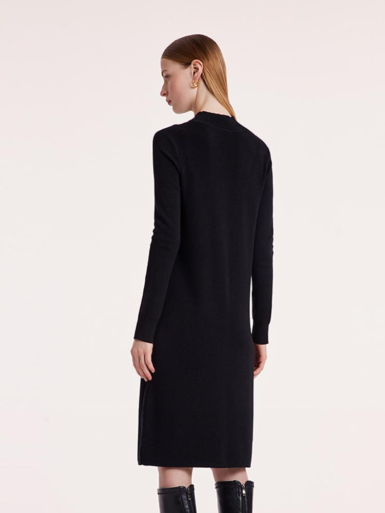 Black Pure Wool Mock Neck Knit Dress GOELIA