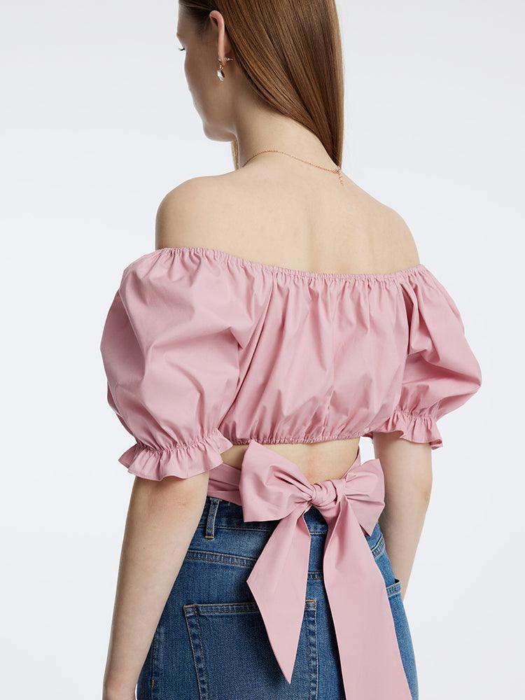 Pink Bowknot Pleated Princess Sleeve Blouse GOELIA